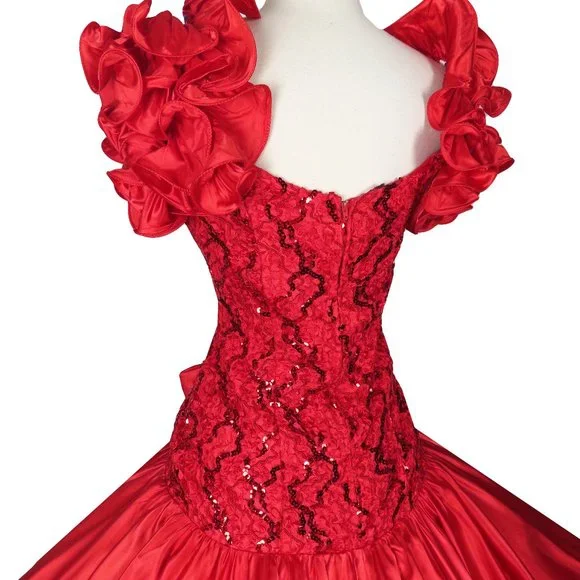 Vintage 80s Red Satin Sequin Lace Full Skirt Prom Party Dress S Small